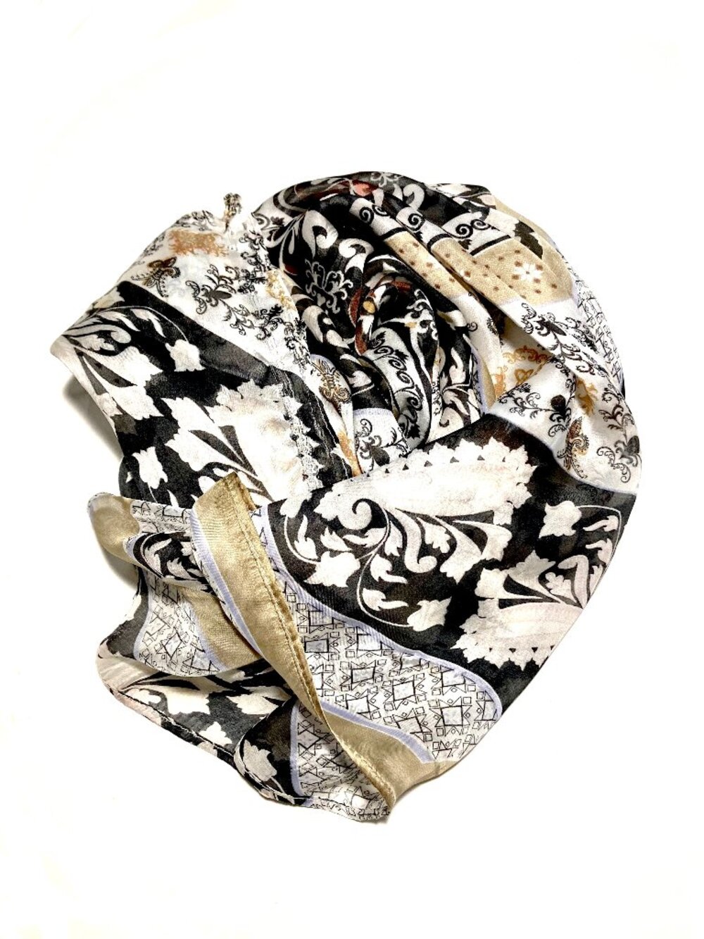 Versatile Black/Tan/White Patterned Large Square Scarf